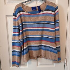Womans JH Collectibles Knit Long Sleeve Shirt brown Blue Striped Petite XLarge